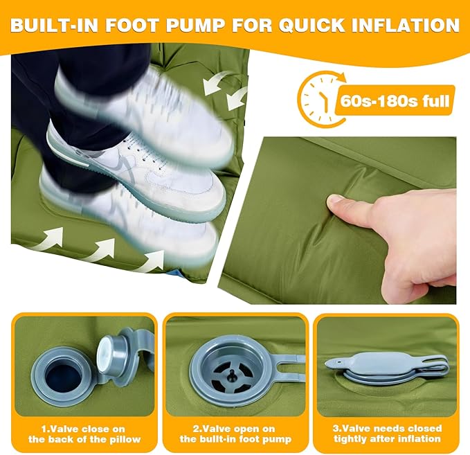 Camping Sleeping Pad, Ultralight Camping Mat with Pillow, Built-in Foot Pump Inflatable Sleeping Pads Compact for Camping Backpacking Hiking Traveling Tent, Single