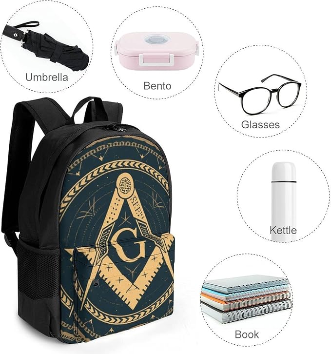 Casual Daypack Multipurpose Anti-Theft Large Capacity Carry On Bag, Gold Freemason Freemasonry Masonic Art Casual Daypack Climbing Shoulder Bag With Padded Straps