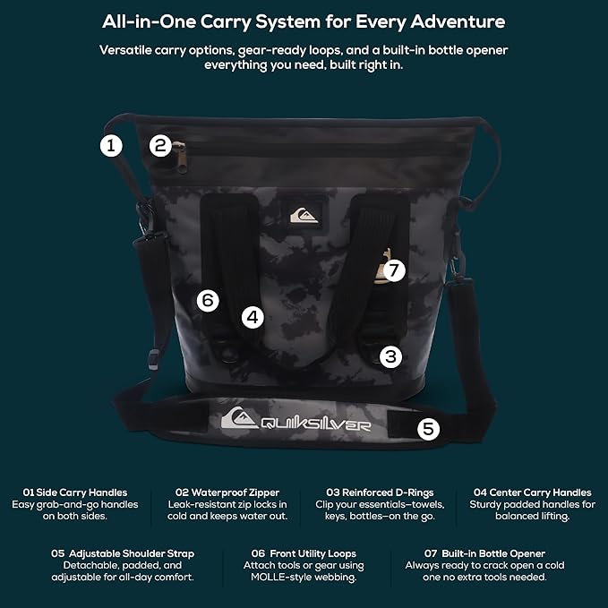 Quiksilver Zipperless Backpack Cooler 30L, Holds 36 Cans, 48 Hour Insulation, Leakproof & Waterproof Design, Heavy Duty TPU, IPX7, Padded Straps, Kangaroo Pockets