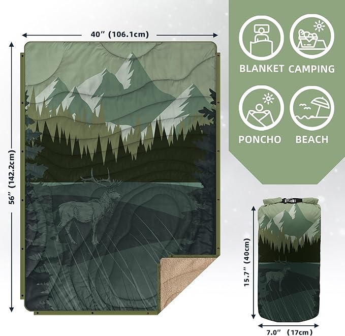 Outdoor Camping Blanket with Sherpa Lining, Extra Warm Thick Camp Blankets and Puffy Ultralight Soft Poncho DWR Camping Quilt for Cold Weather, Adventure, Sleeping, Backpacking 56"x 40"