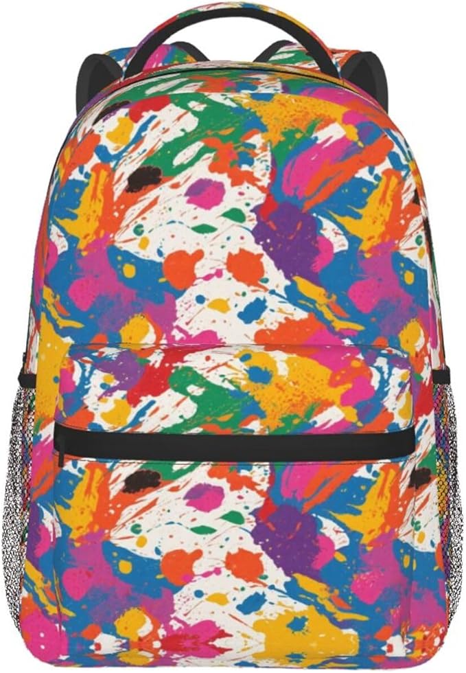 Men Women Polyester Colorful Splatter Color Art Daypack Backpack Large Capacity Carry On Bag With Smooth Zippers for Hiking Picnic Walking Cycling