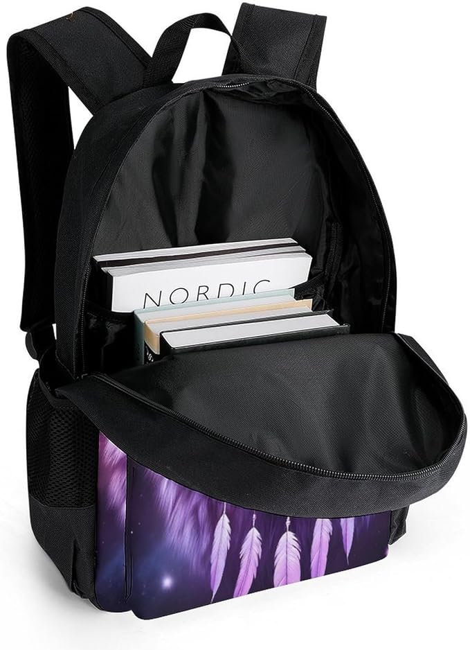 Polyester Daypack Backpack for Sports Travel Running, Big Capacity Anti-Theft Multipurpose Carry On Bag, Purple Galaxy Dream Catcher Wolf Space Fantasy Laptop Book Bag Rucksack