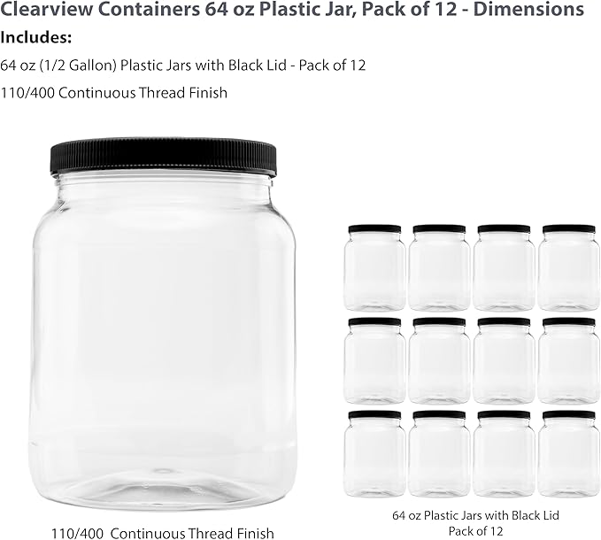 Plastic Storage Jars with Leak Proof Lids, BPA Free, Hand Wash Only (64oz, 12PK Black)