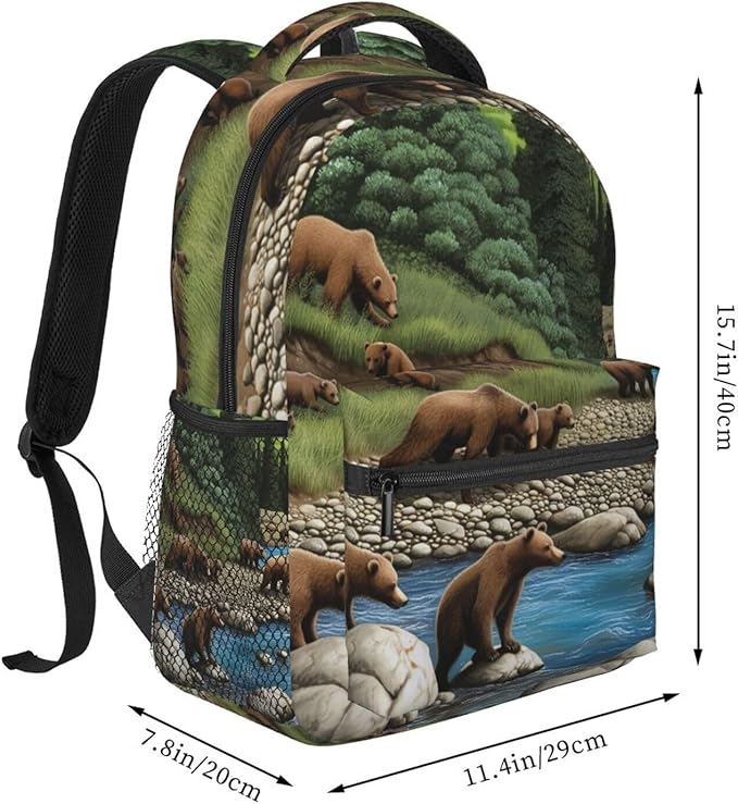 Adults Lightweight Bears Lovers Mountain River Pattern Rucksacks Large Capacity Bookbag With Adjustable Shoulder Straps for Trekking Outdoors Bicycle