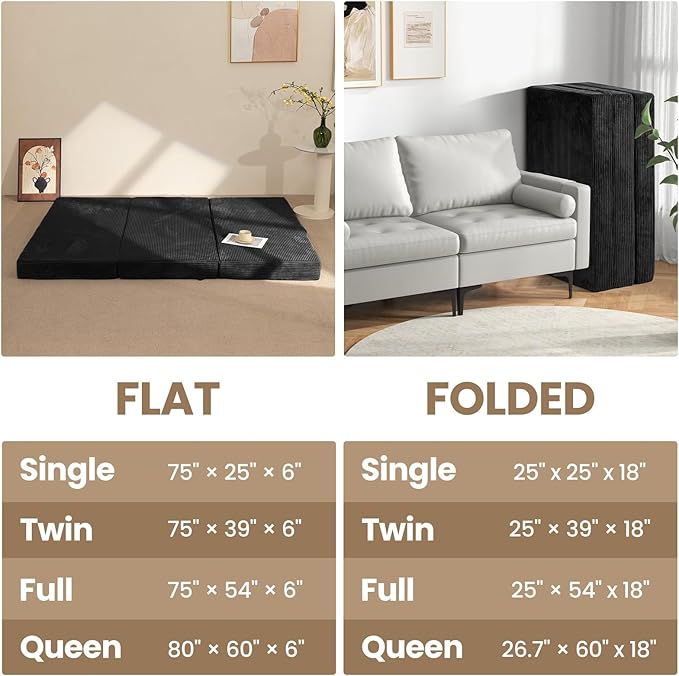 6-Inch Tri-Fold Mattress Full Size - Foldable Futon Sofa Bed with Removable Washable Cover, Folding Memory Foam Futon Mattress | Non-Slip Bottom & Carry Handles for Guest, Camping, Dorm