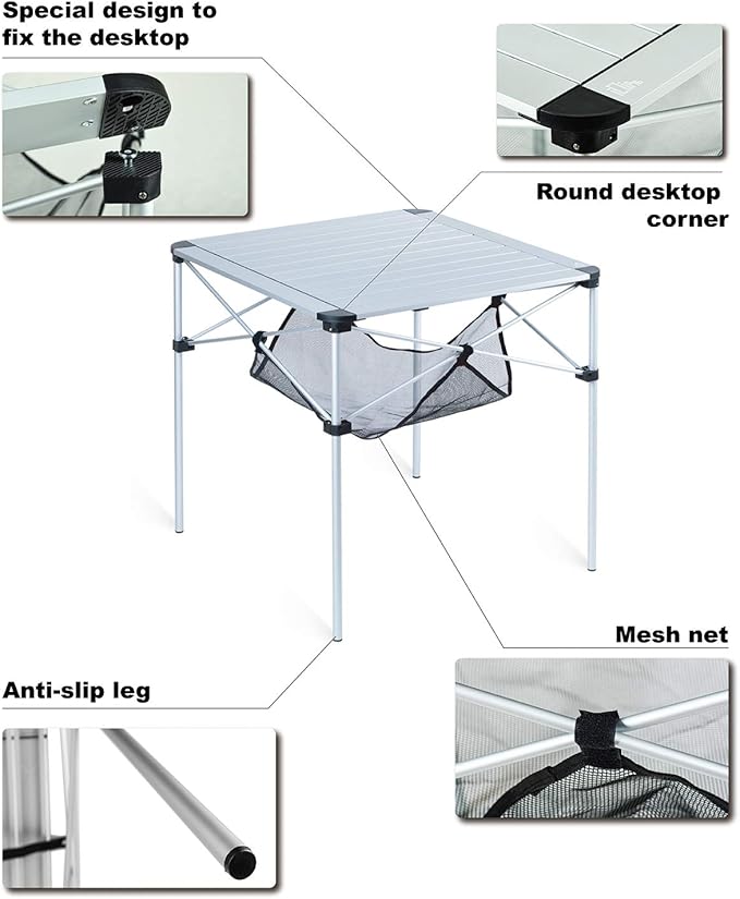 iClimb Lightweight Stable Alu. Folding Square Table Roll Up Top with Carry Bag for Camping Picnic Backyards BBQ Camp Kitchen (Silver, L)