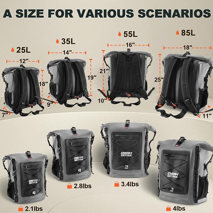 Waterproof Backpack Dry Bag 25L/35L/55L/85L – Heavy Duty Roll-Top Hiking Backpack Sack Keeps Gear Dry for Travel, Kayaking, Boating, Camping, Rafting and Fishing