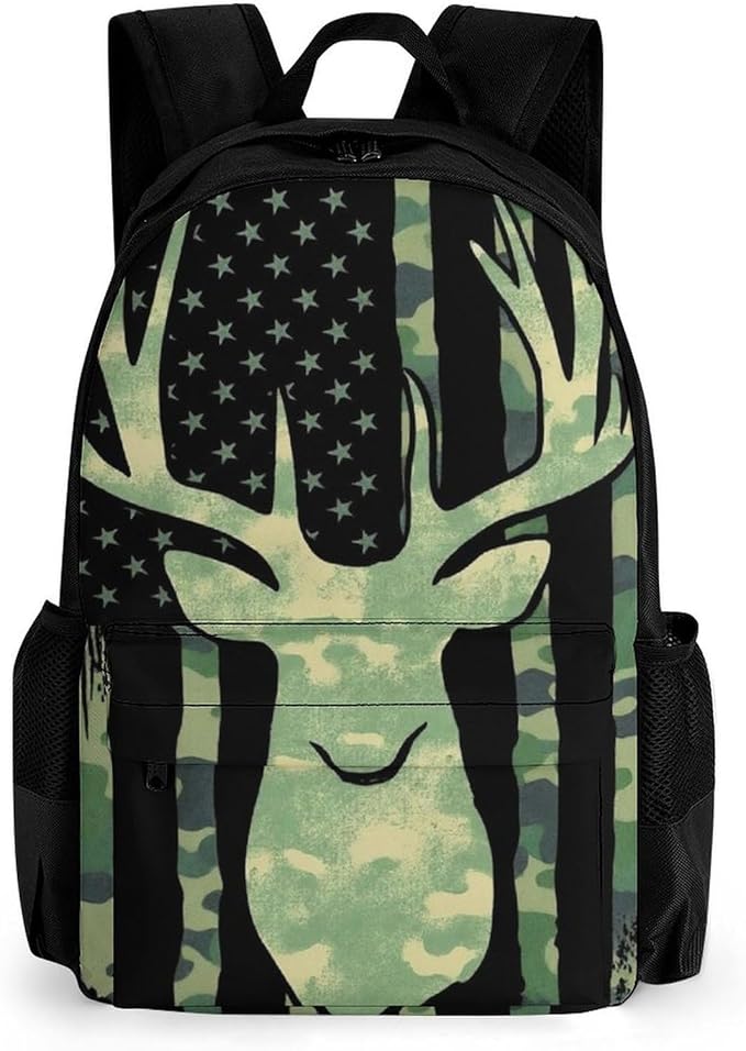 Polyester Daypack Bookbag for Gym Business Bicycle, Large Capacity Multipurpose Anti-Theft Carry On Bag, Camouflage American Flag Hunting Deer Camo Travel Hiking Daypack