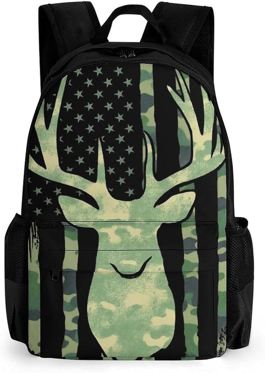 Polyester Daypack Bookbag for Gym Business Bicycle, Large Capacity Multipurpose Anti-Theft Carry On Bag, Camouflage American Flag Hunting Deer Camo Travel Hiking Daypack