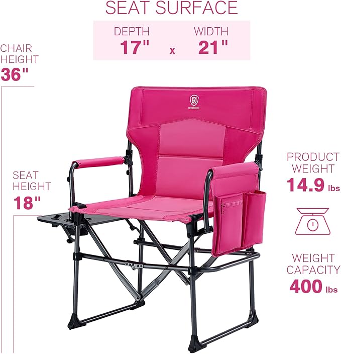 EVER ADVANCED Camping Directors' Chair with Side Table, Portable Folding with Compact Size, Heavy Duty Lawn Chair with Pocket for Camping, Lawn, Sports and Fishing, 400lbs, Pink