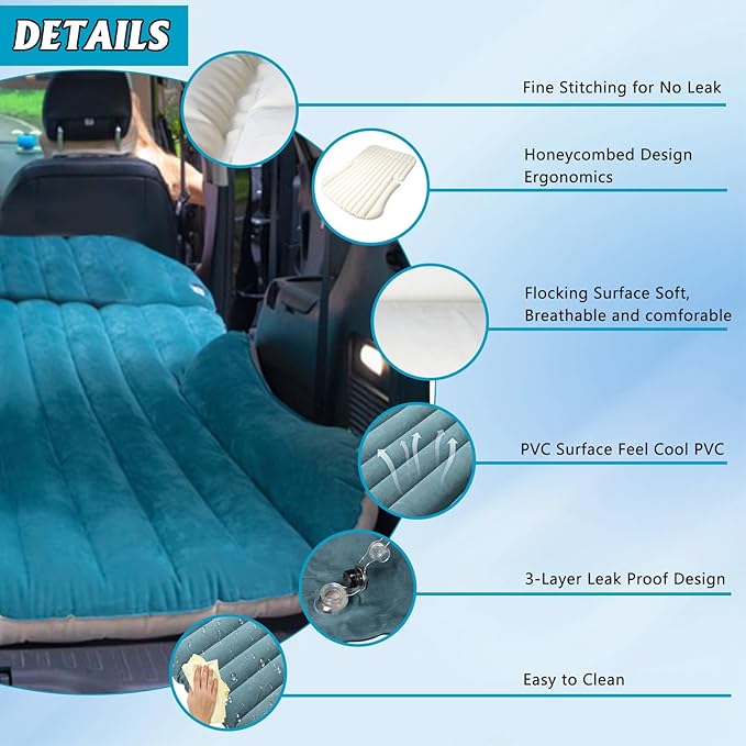 SUV Air Mattress Thickened and Double-Sided Flocking Travel Foldable Camping Bed for SUV Rear Seat and Trunk Camping Pickup Truck Bed Air Mattress, 76x51x4.7Inch (White Blue)