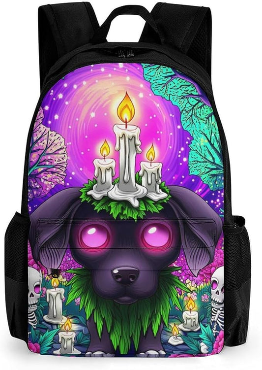 Supdreamc Men Women Lightweight Surrealist Dog Halloween Skeletons Flowers Fantasy Art Casual Daypack Big Capacity Bookbag With Padded Straps for Gym Travel Walking Cycling