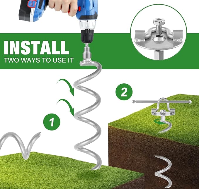 MIXXIDEA 17.5 Inch Gound Anchors Screw in, Metal Spiral Earth Anchors Kit, Heavy Duty Folding Ring Ground Stakes for Tent Trampolines, Garden Fence, Sheds, Swings (Silver, 17.5 Inch with 92in Strap)