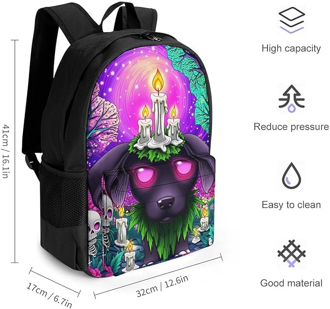 Supdreamc Men Women Lightweight Surrealist Dog Halloween Skeletons Flowers Fantasy Art Casual Daypack Big Capacity Bookbag With Padded Straps for Gym Travel Walking Cycling