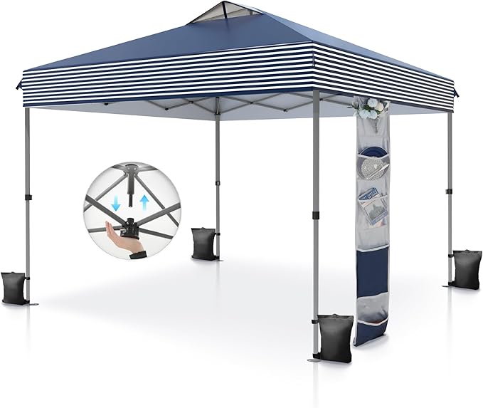PHI VILLA 10’x10’ Pop Up Canopy Tent - One Push Setup, Instant Shade Tent with Vented Roof for Beach & Events - Includes Storage Bag, Sandbags, Stakes & Ropes (Navy Stripe)