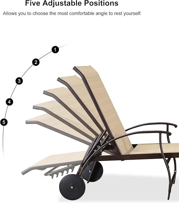 PURPLE LEAF Outdoor Chaise Lounge Chair Set of 3 Patio Pool Lounger Aluminum Chairs with Side Table and Wheels Adjustable Tanning Recliner for Outside Backyard Yard Deck Balcony Beach Light Khaki