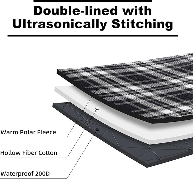 Outdoor Waterproof Blanket, Foldable Fleece Stadium Blanket for Outdoor Sports Event, Camping, Concerts, Car, Pet, Picnics - Windproof, Wearable, Machine Washable 80" x 58" (Black Check)