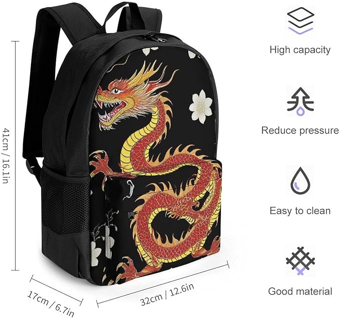 Supdreamc Men Women Polyester Floral Chinese Japanese Dragon Flower Daypack Big Capacity Shoulder Bag With Adjustable Shoulder Straps for Camping Travel Walking Cycling