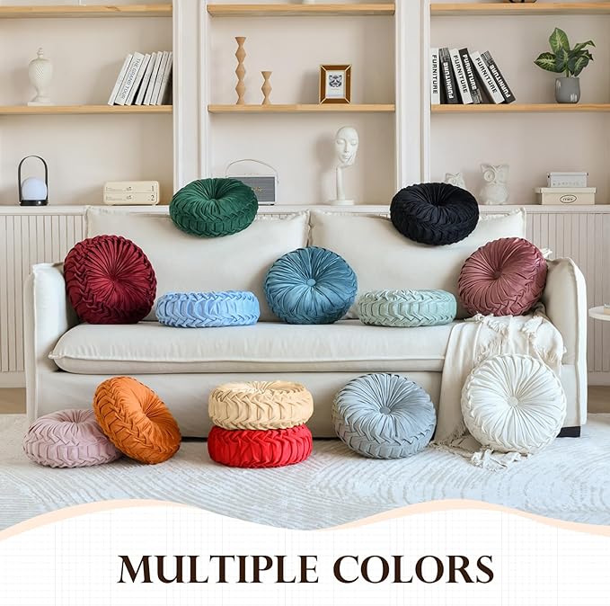 Round Throw Pillow Velvet Home Decoration Pleated Round Pillow Cushion for Couch Chair Bed Car Grey