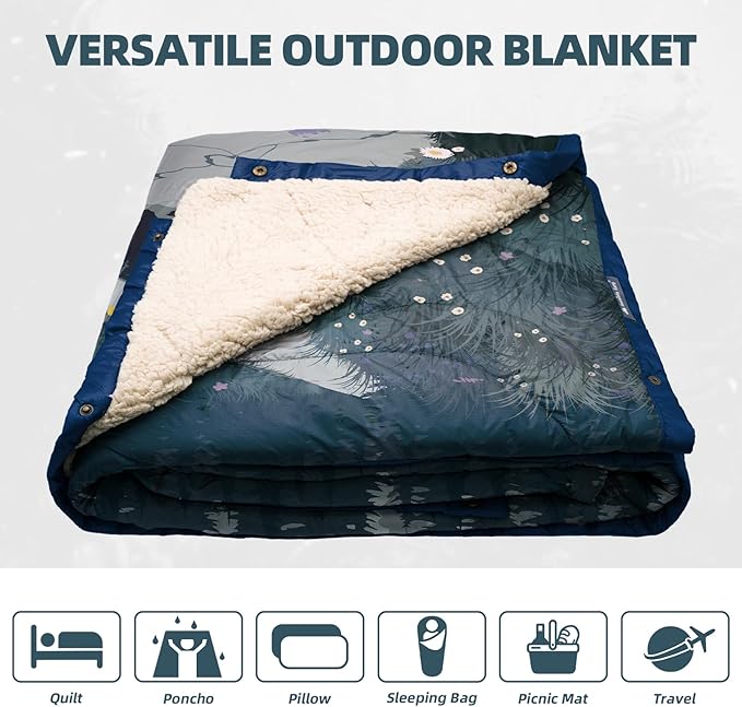 Outdoor Camping Blanket with Sherpa Lining, Extra Warm Thick Camp Blankets and Puffy Ultralight Soft Poncho DWR Camping Quilt for Cold Weather, Adventure, Sleeping, Backpacking 78"x 56"