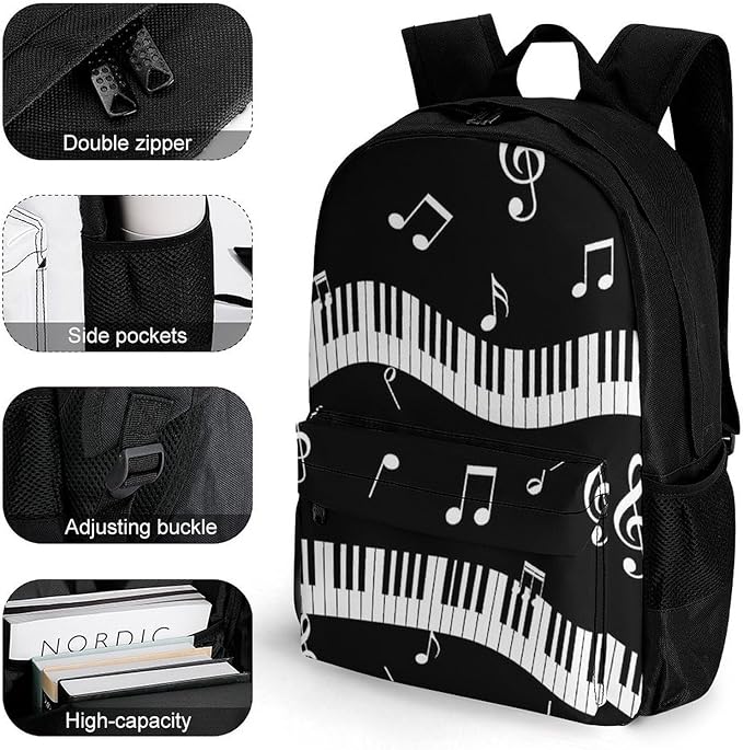 Supdreamc Polyester Daypack Backpack for Climbing Outdoors Running, Big Capacity Multipurpose Anti-Theft Bookbag, Music Note Black And White Piano Keys Travel Hiking Camping Rucksack