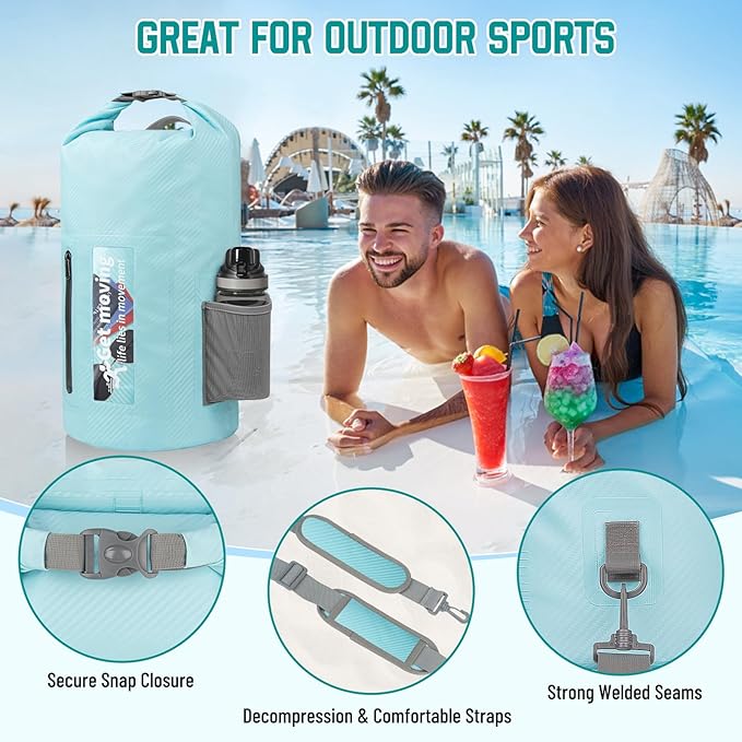 BKNOOU Dry Bag Waterproof for Women Men, 10L/20L Roll Top Lightweight Dry Storage Bag Backpack for Travel, Kayaking, Boating, Rafting, Camping, Hiking and Beach, with Phone Case (Light blue, 20L)