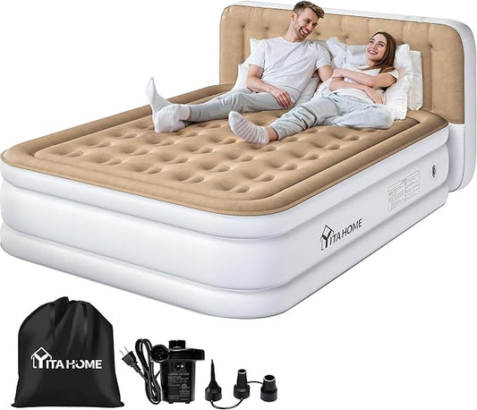 YITAHOME 18'' Flocked Top Queen Air Mattress with Built-in Pump and Headboard, Durable Inflatable Bed, Blow-Up Mattress for Indoor and Outdoor Use, Brown
