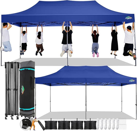 COBIZI 10x20 Pop Up Canopy Without Sidewall,Heavy Duty Canopy UPF 50+ All Season Wind Waterproof Commercial Outdoor Wedding Party Tents for Parties Canopy Gazebo with Roller Bag(10 x 20 ft Dark Blue)