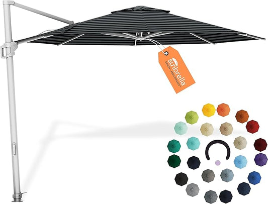 Midtown Umbrellas 10 Ft Outdoor Cantilever Patio Umbrella w/Sunbrella Black & White - Tilt 360° Rotate Offset Patio Umbrella, Deck Patio Umbrella, Backyard Umbrella & Garden Umbrella - Silver Frame