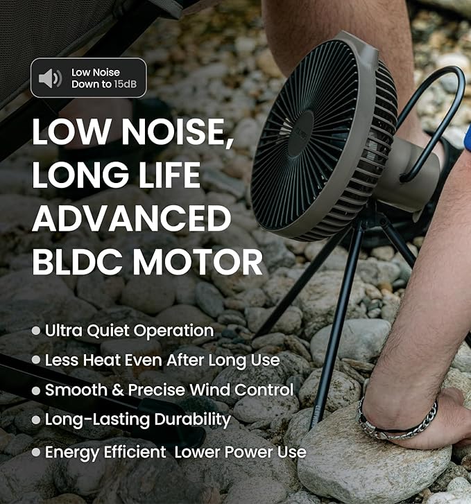 Claymore V600+ Black Rechargeable Portable Fan – 7,800mAh Battery, 4-Speed BLDC Ultra-Quiet Air Circulator USB-C Charging 32 Hrs Runtime Tripod Mountable Adjustable for Camping, Indoor, Outdoor