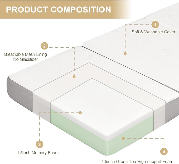 Folding Mattress, 6 Inch Memory Foam Tri-fold Mattress with Breathable & Washable Bamboo Fiber Fabric Cover, Foldable Floor Guest Bed for Camping, Road Trip, TwinXL