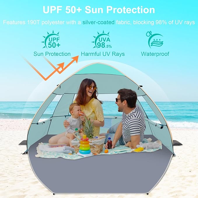Gorich Easy Pop Up Beach Tent for 3-4 Person, UPF 50+ UV Protection Beach Umbrella Sun Shelter, Portable Lightweight Shade with Easy Foldable & Instant Setup