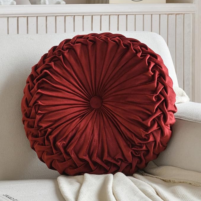 2 Pcs Round Throw Pillows Decorative Pumpkin Velvet Boho Pleated Bed Pillows Back Support for Couch Chair Dorm Car 14.96'' (Burgundy)