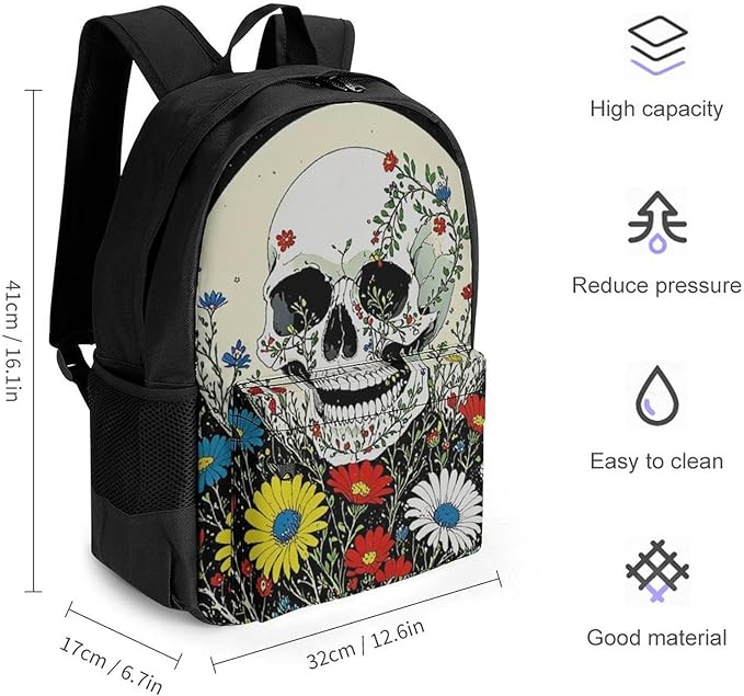 Adults Lightweight Psychedelic Skull Skeleton Floral Art Shoulder Book Bags Big Capacity Shoulder Bag With Adjustable Shoulder Straps for Trekking Work Walking Cycling