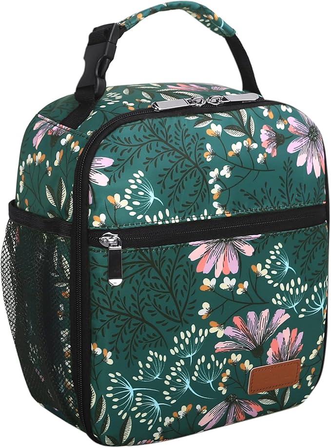 Lunch Box for Men Women Adults Small Lunch Bag for Office Work Picnic - Reusable Portable Lunchbox, Malachite Green Flower