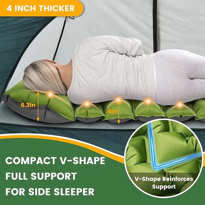 Ultralight Double Sleeping Pad for Camping, 4" Thick Inflatable Camping Mat with Built-in Foot Pump & Pillow for Backpacking, Hiking, Travel, Tent, Car