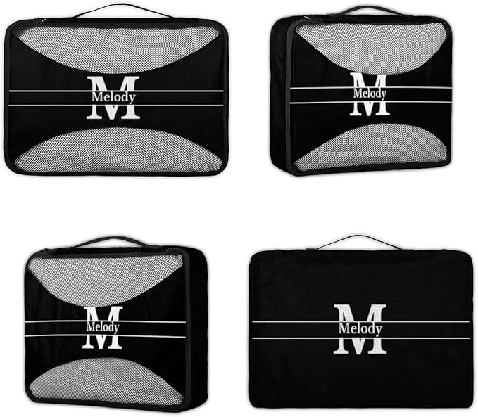 Personalized Packing Cubes, Set of 4 with Zipper Handles for Men Boys, Custom Name Travel Suitcases Luggage Packing Organizers, Solid Black with Initial Letter