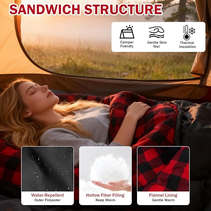 Double Sleeping Bag Cotton Flannel for Camping, Backpacking Or Hiking. Waterproof Queen Size Two Person Sleeping Bags for Adults Or Teens. Lightweight with Compression Sack