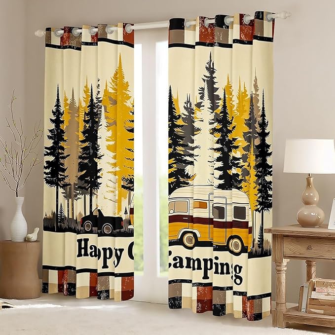 jejeloiu Happy Camping Curtains for Bedroom Living Room RV Camping 30%-50% Blackout Darkening Drapes Pine Tree Window Treatments, 2 Panels 52 x 63 Inch Rustic Plaid Room Decor