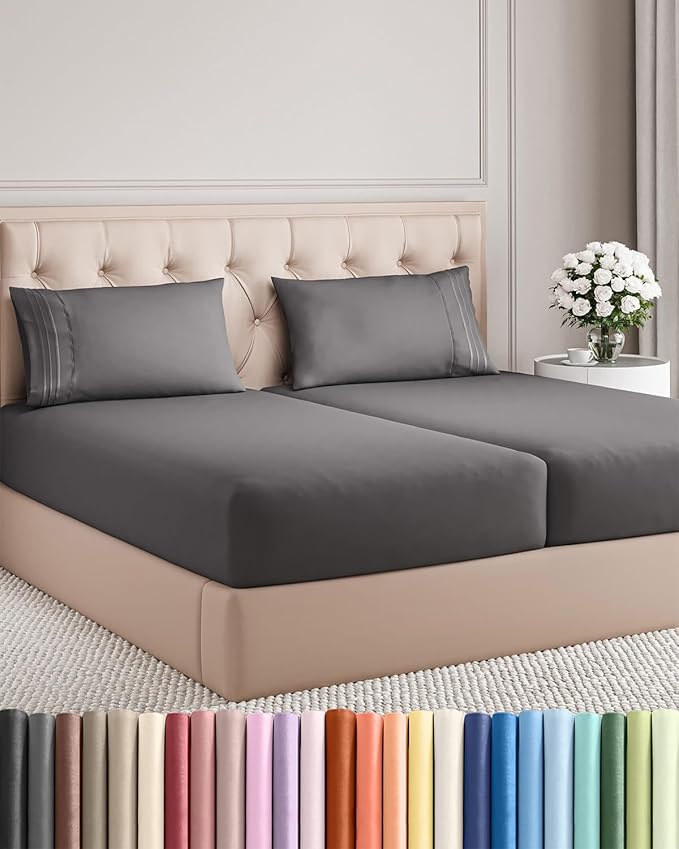Split King Size 5 Piece Sheet Set - Comfy Breathable & Cooling Bed Sheets Set - Hotel Luxury Bedding for Women, Men, Kids, Teens, Boys & Girls - Deep Pockets, Soft, Wrinkle Free - Oeko-Tex - Dark Grey