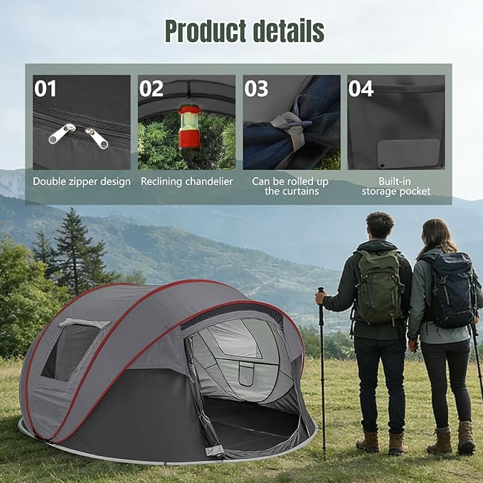 Instant Pop Up Camping Tent, 4-6 Person Tents,Automatic Set Up Tent in 3 Seconds,Waterproof Sunshade Family Tent,Portable Lightweight Dome Tent for Outdoor Camping,Hiking,Travel & Beach