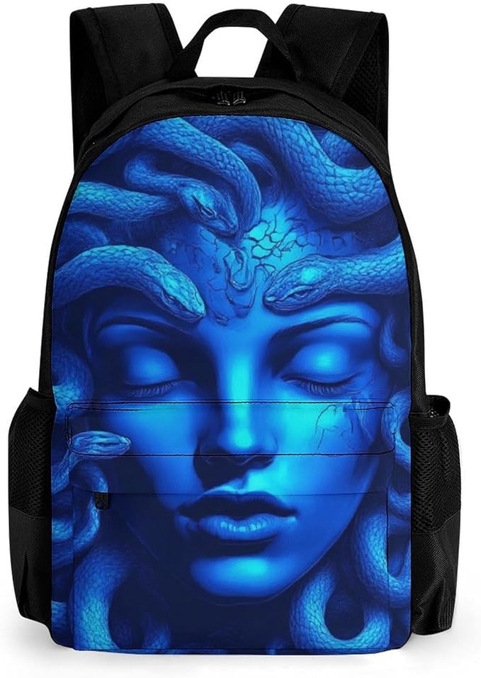 Casual Daypack Multipurpose Anti-Theft Large Capacity Carry On Bag, Greek Goddess Snake Queen Medusa Art Blue Casual Daypack Climbing Shoulder Bag With Padded Straps