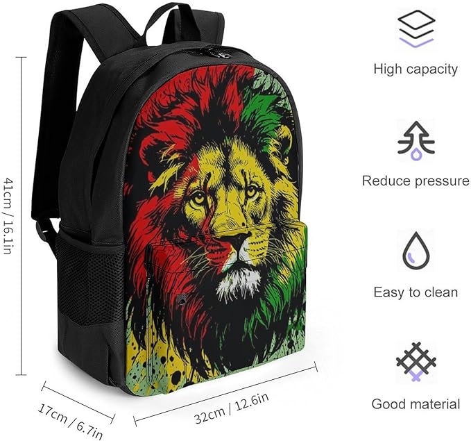 Adults Lightweight Rasta Flag Black Paint Splatter Lion Rucksacks Large Capacity Bookbag With Adjustable Shoulder Straps for Trekking Outdoors Bicycle