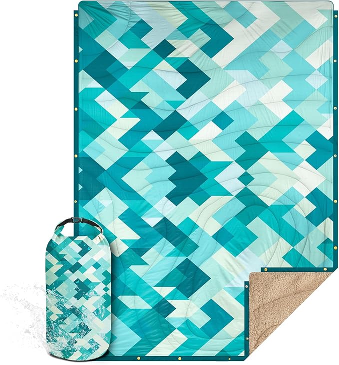 Outdoor Camping Blanket with Sherpa Lining, Extra Warm Thick Camp Blankets and Puffy Ultralight Soft Poncho DWR Camping Quilt for Cold Weather, Adventure, Sleeping, Backpacking 56"x 40"