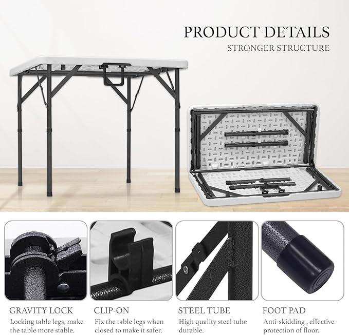 AJP Distributors 3 Foot Portable Plastic Square Folding Card Table 3FT 34" Half Foldable Heavy Duty Top w/Carry Handle - Indoor Outdoor Camping Picnic Party Wedding Dining Office Event Meeting White