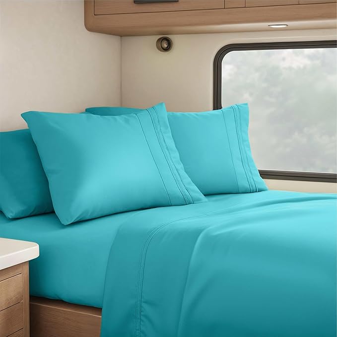 Hearth & Harbor Short Queen Sheets for RV, Teal RV Queen Sheets, Silky Soft 1800 Microfiber Bed Sheet for Camper, 4 Piece RV Bedding with Pillowcases