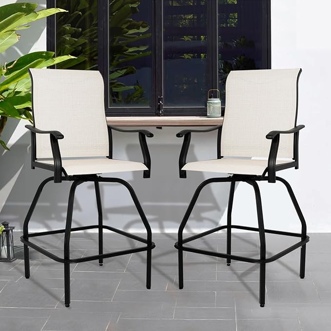 LEVELEVE Patio Bar Set 2pcs Swivel Bar Stools Outdoor Bistro Textilene Furniture Stability All-Weather Set (2, Beige Fabric)