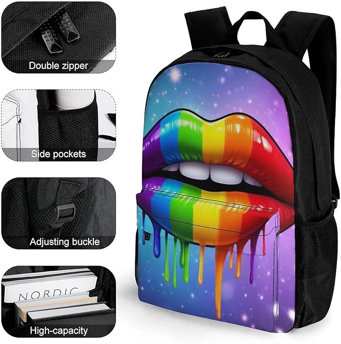 Polyester Daypack Bookbag for Gym Business Bicycle, Large Capacity Multipurpose Anti-Theft Carry On Bag, Lgbt Gay Homosexual Lesbian Rainbow Lips Travel Hiking Daypack