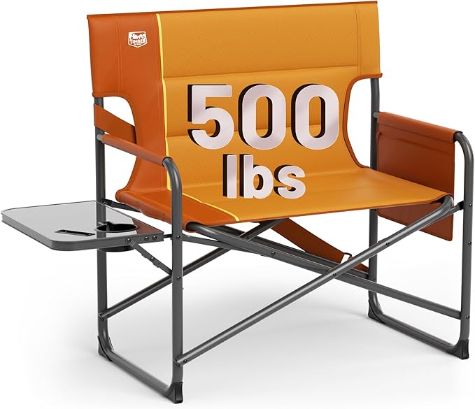 Timber Ridge XXL Director’s Chair – Heavy Duty Folding Chair with Side Table, 500 lb Capacity, Extra Wide Padded Seat for Camping, Sports, Beach, Patio, and Outdoor Use, Orange