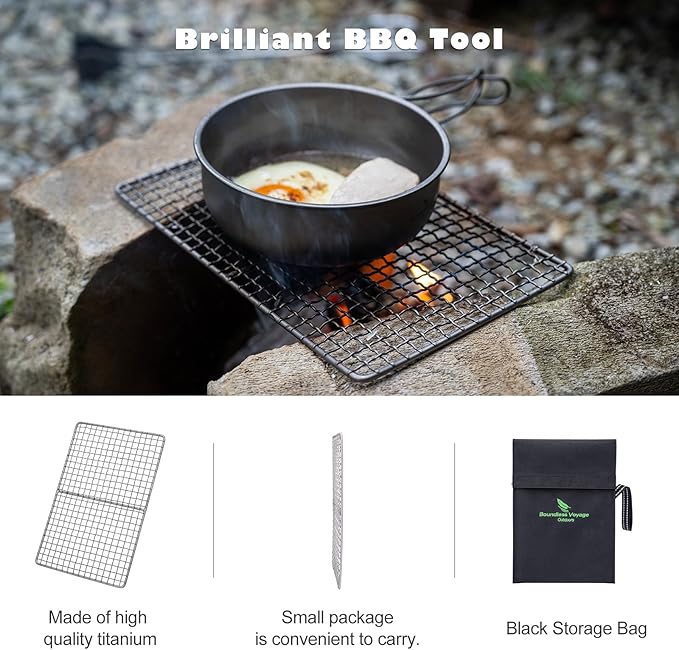 Boundless Voyage Mini Size Durable Titanium Charcoal BBQ Grill Plate Include a Carry Bag for Outdoor Camping Beach